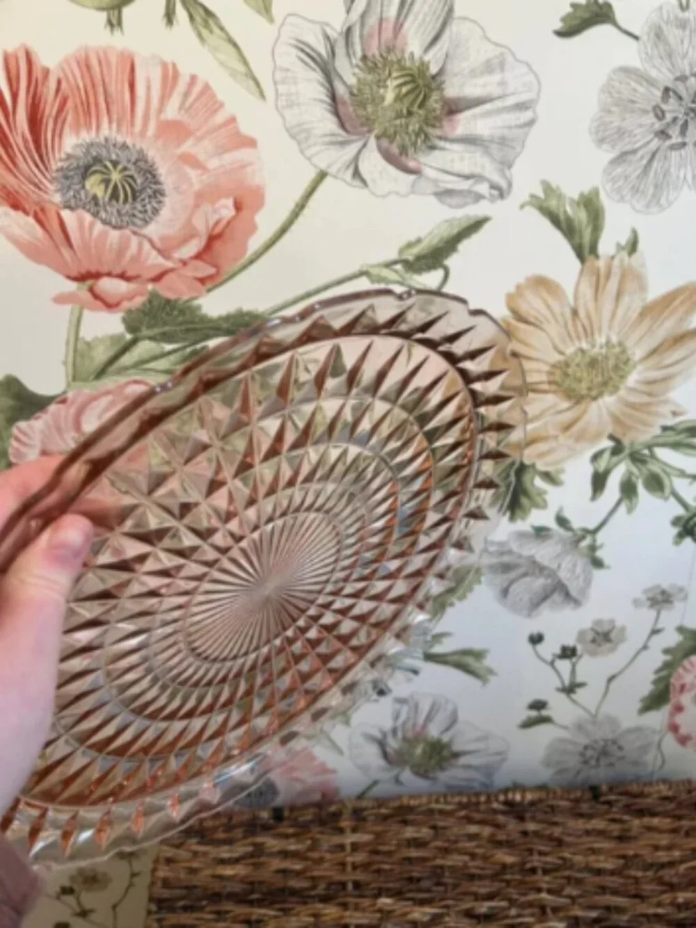 Vintage Blush Pink Pressed Glass Starburst Platter Decorative Round Tray